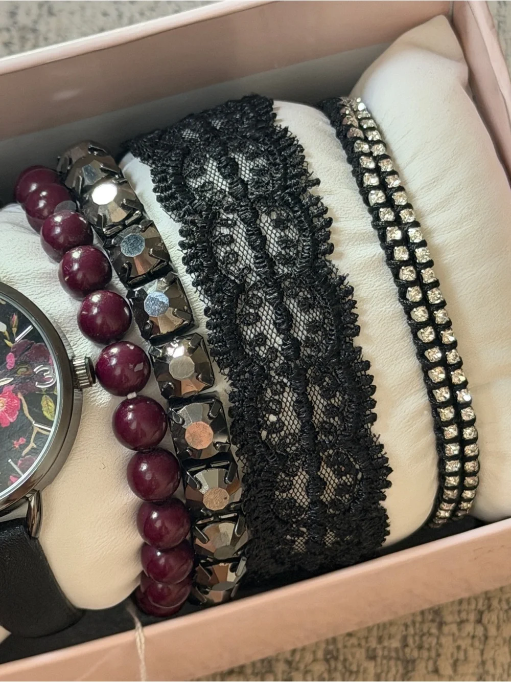 New Floral Watch & 4 Bracelet Stack Set Black Burgundy Rhinestone Lace